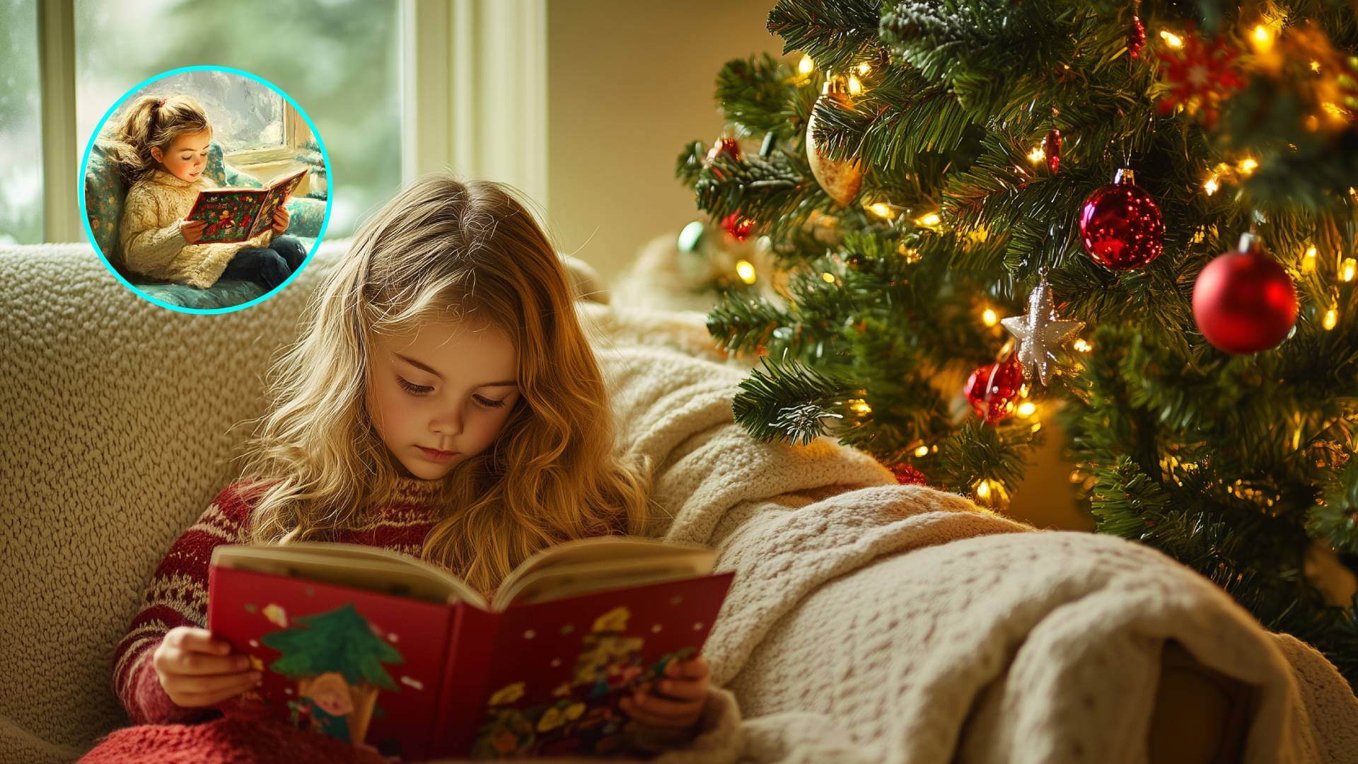 Una niña leyendo un cuento en Navidad