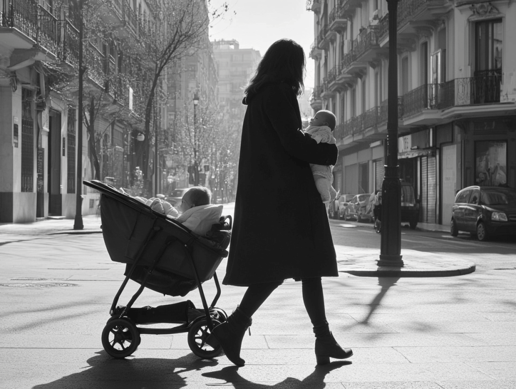 Una madre, en la calle, con sus dos hijos