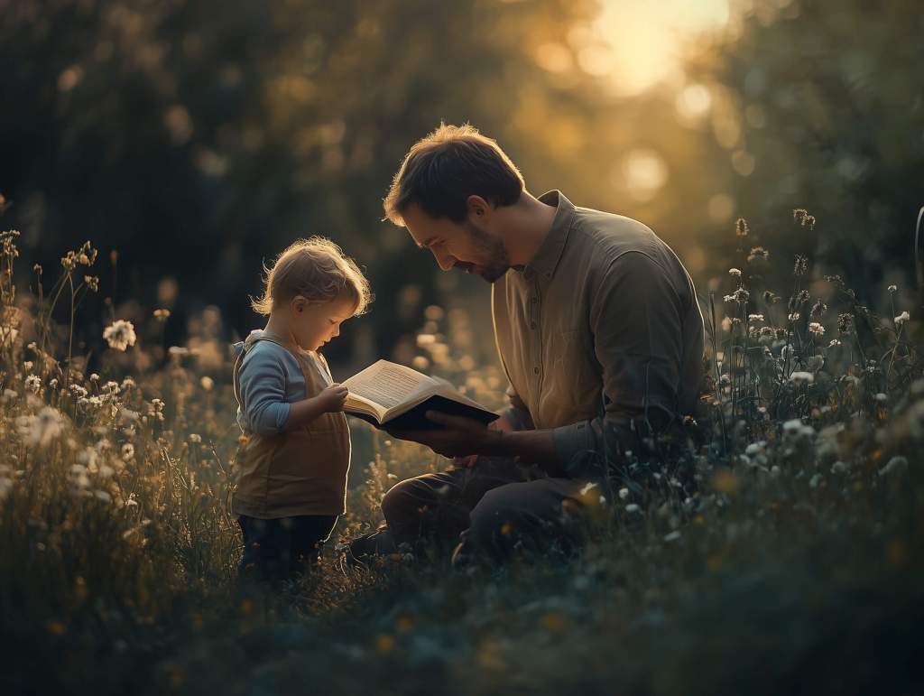 Un padre le enseña un libro a su peque al aire libre