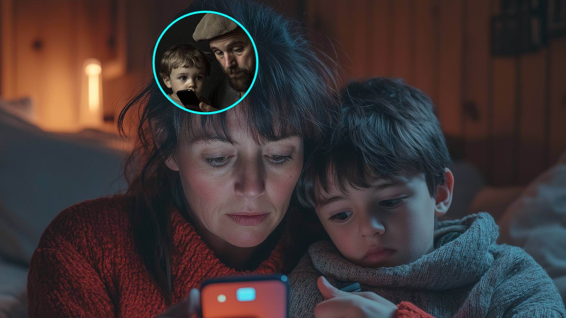 Madre e hijo mirando un teléfono móvil