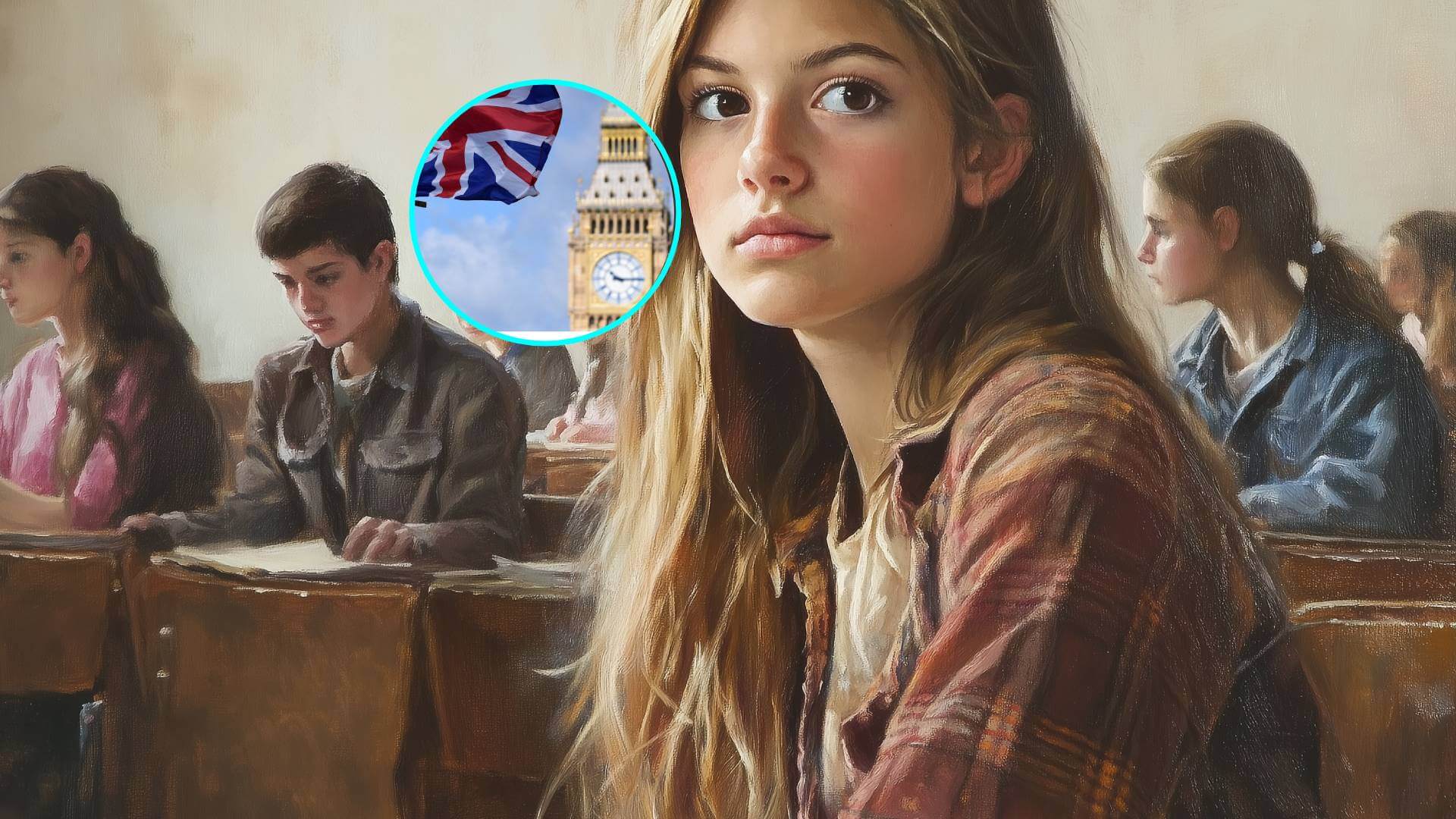 Una adolescente, en clase. En pequeño, Londres