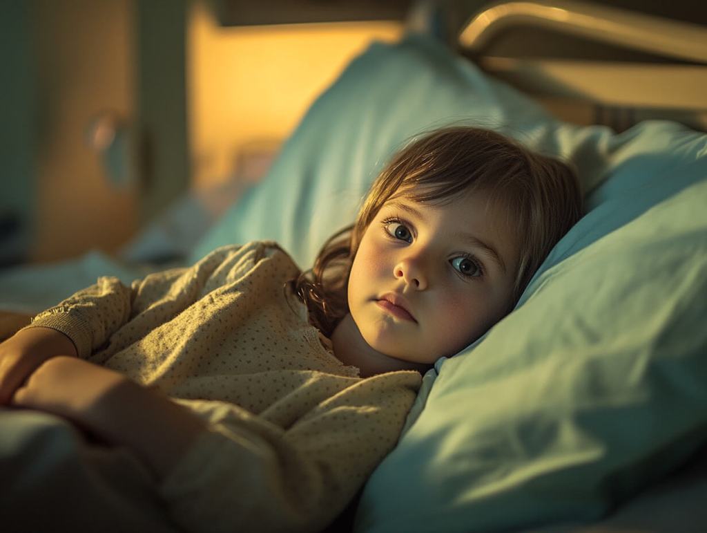 Una niña descansa en la cama del hospital