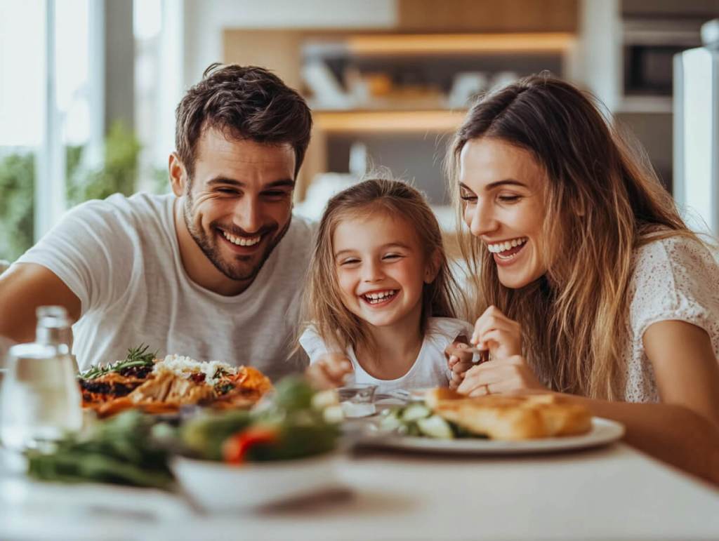 Una familia feliz comiendo