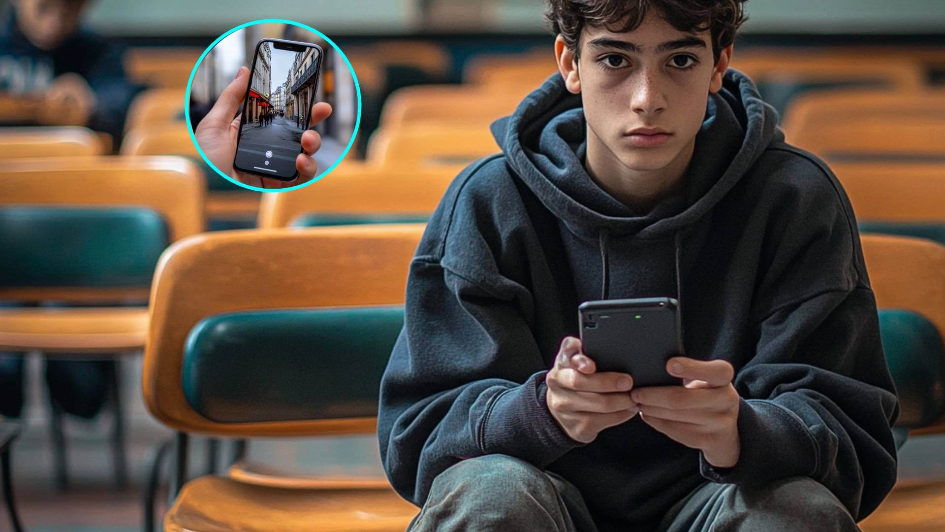 Un adolescente con el móvil en clase
