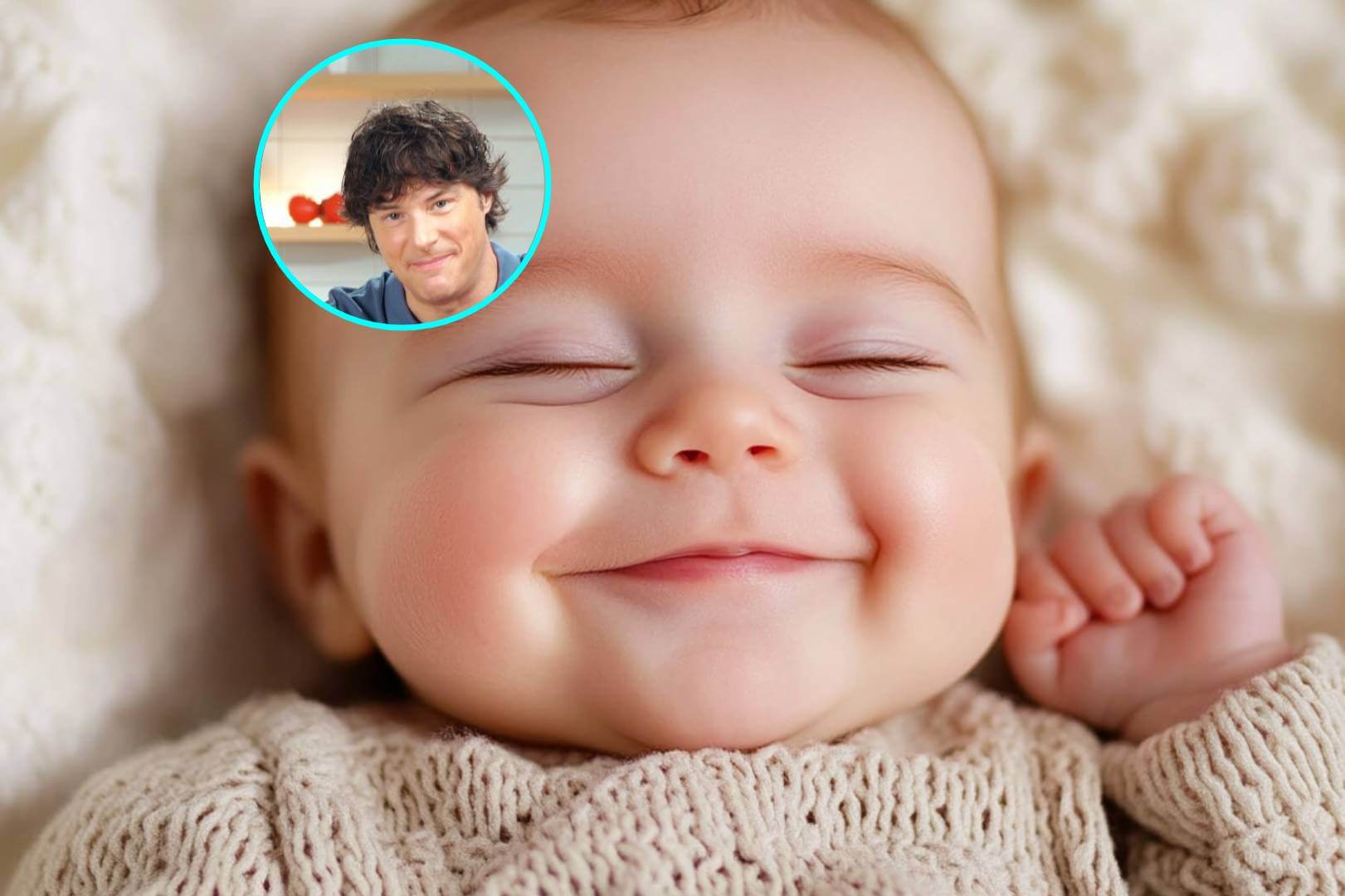 Un bebé con pocos meses de vida. En la imagen de detalle, el cocinero Jordi Cruz