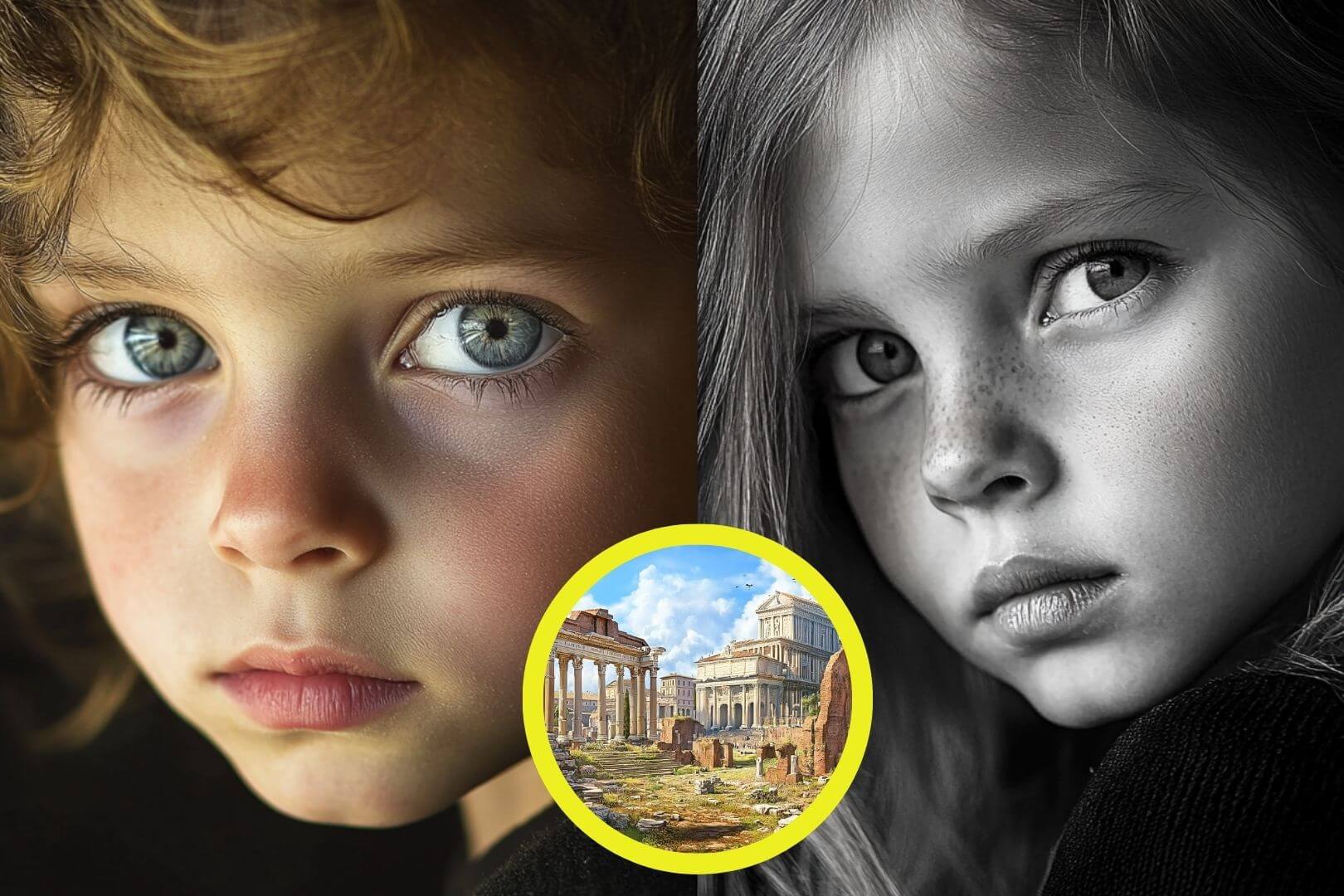 Composición con dos retratos y un dibujo inspirado en Roma