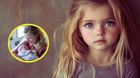 Una niña rubia de pelo largo. En detalle, una madre con su bebé recién nacido