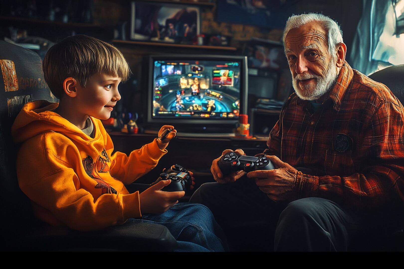 abuelos y nietos jugando con videojuegos
