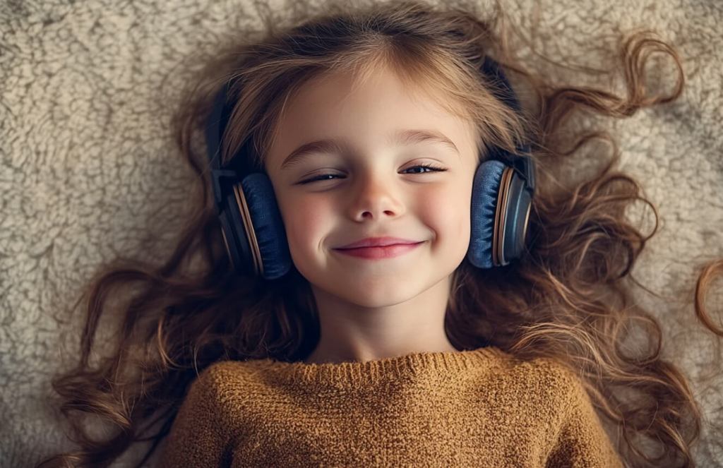 Una niña tumbada sonriente escuchando música en sus auriculares