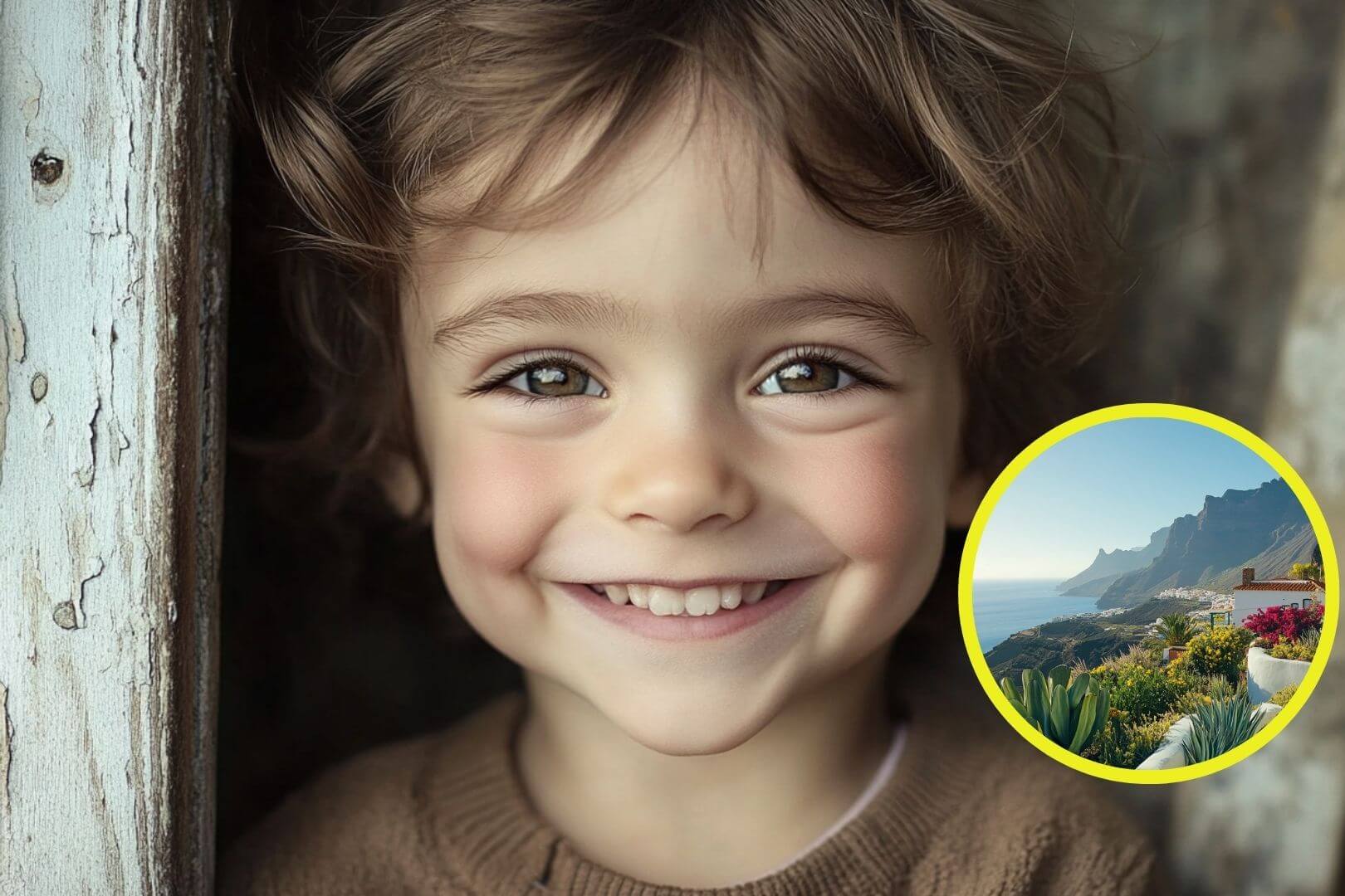 Un niño pequeño sonriente. Detalle, paisaje canario