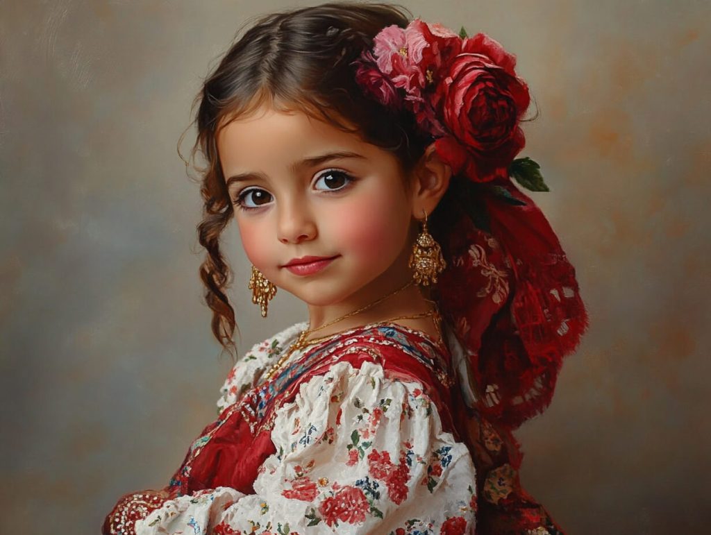 Una niña posa con traje regional