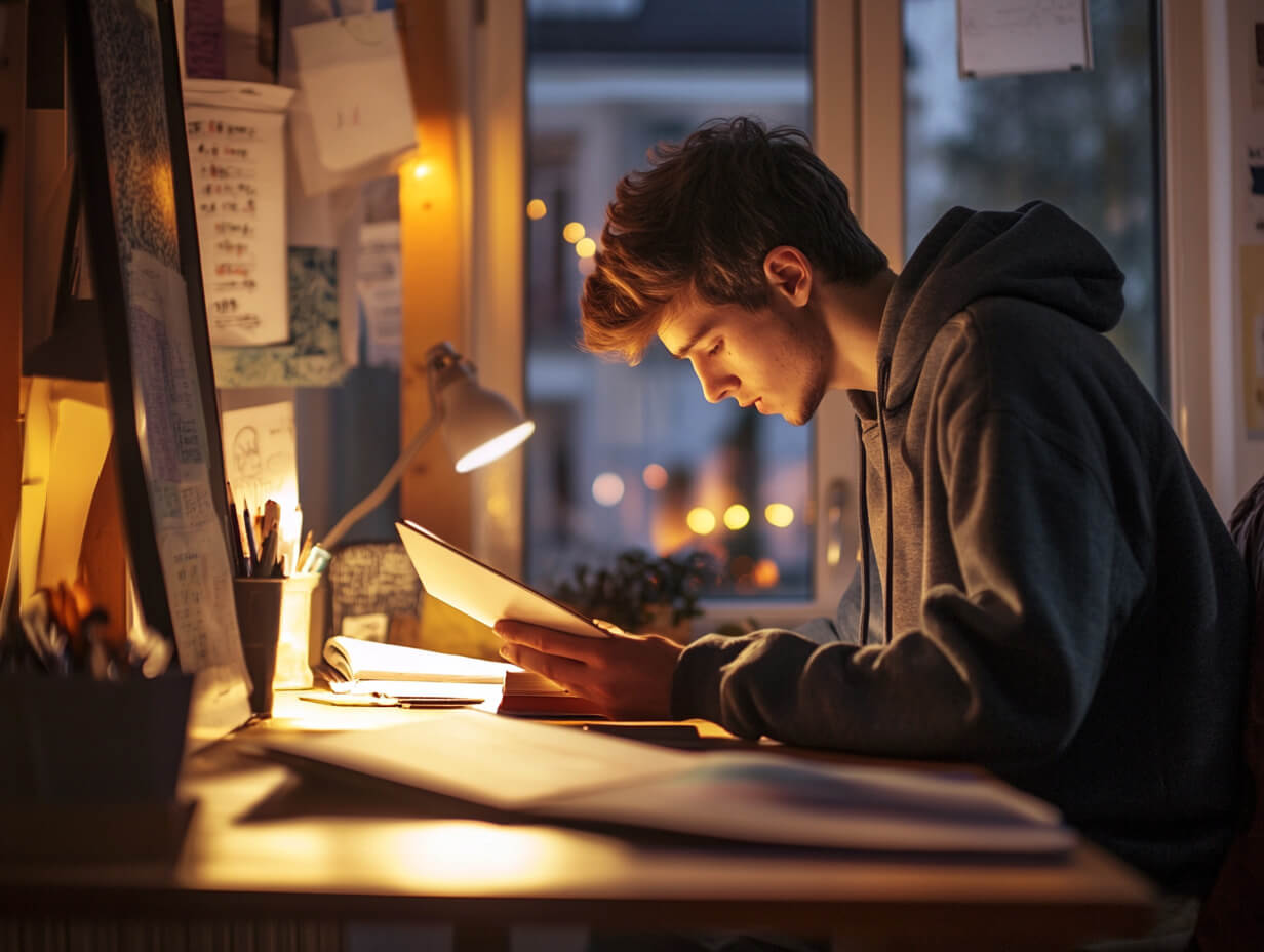 Un adoolescente estudiando en su habitación
