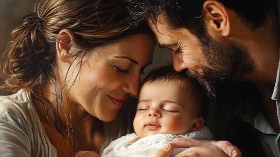 Una familia feliz con su hijo recién nacido