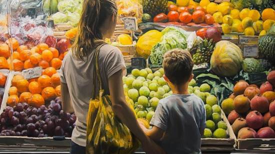 Una madre y su hijo mirando la frutería