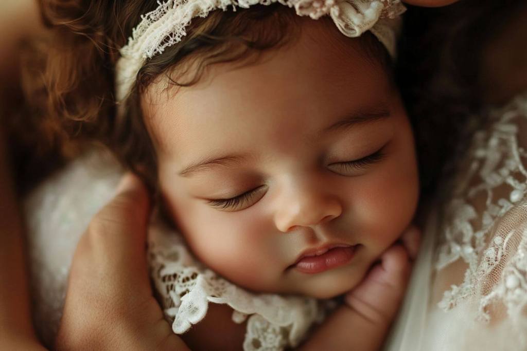 Una niña muy pequeña dormida en brazos de su madre