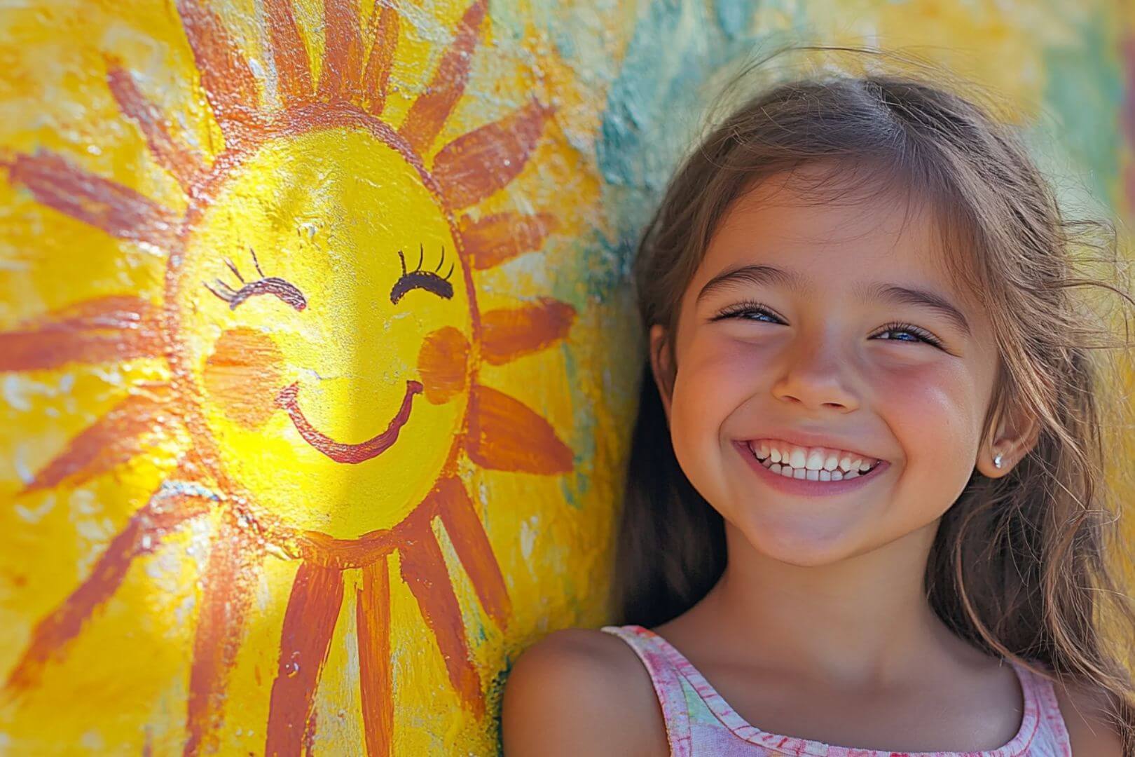 Un aniña sonriente posa junto a la pintura de un sol