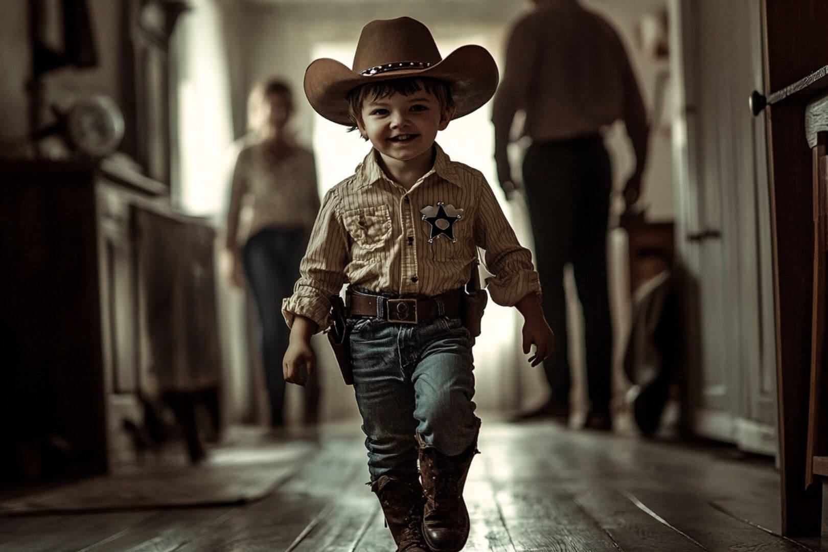 Un niño disfrazado de sheriff en presencia de sus padres