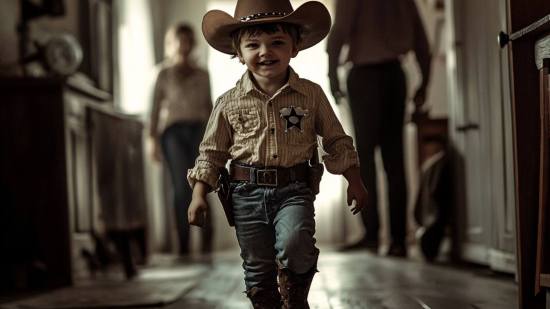 Un niño disfrazado de sheriff en presencia de sus padres