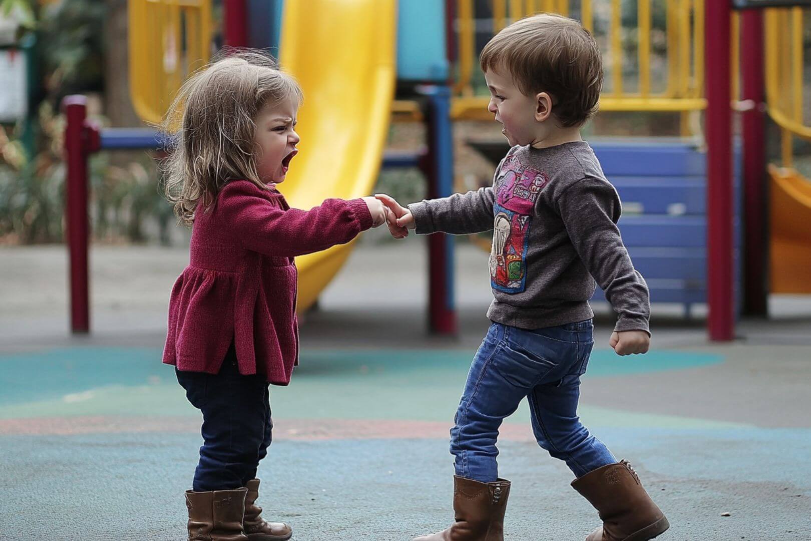 Dos niños se pelean por un juguete en el parque