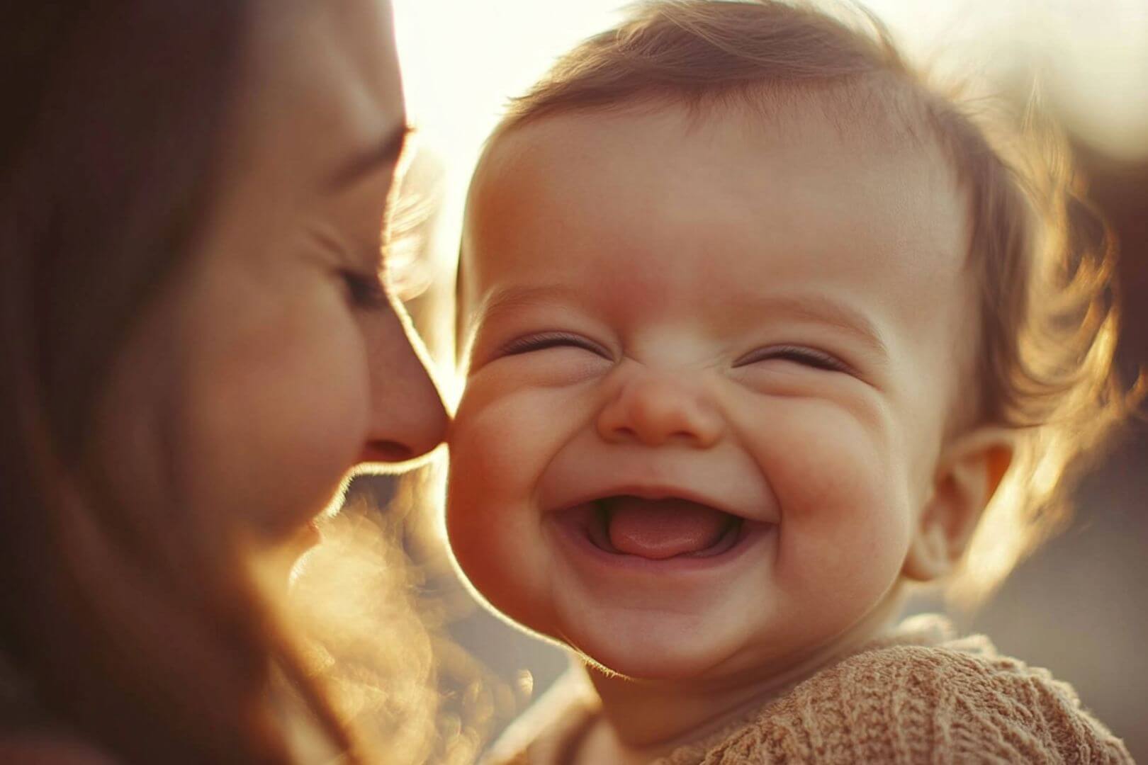 Un niño pequeño sonríe en brazos de su madre