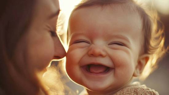 Un niño pequeño sonríe en brazos de su madre