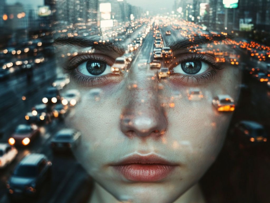 Recreación ficticia del rostro de una mujer sobre un fondo de caos urbano