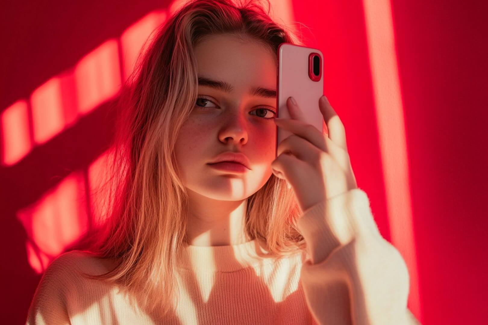 Una adolescente se tapa su rostro triste y cansado con el móvil