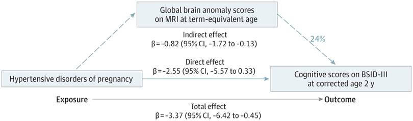 Figura 2. Modelo de mediación que evalúa los efectos indirectos de las puntuaciones de anomalías cerebrales globales en la resonancia magnética (IRM) a la edad equivalente al término como mediador de los efectos adversos de los trastornos hipertensivos del embarazo en las puntuaciones cognitivas de los bebés prematuros.