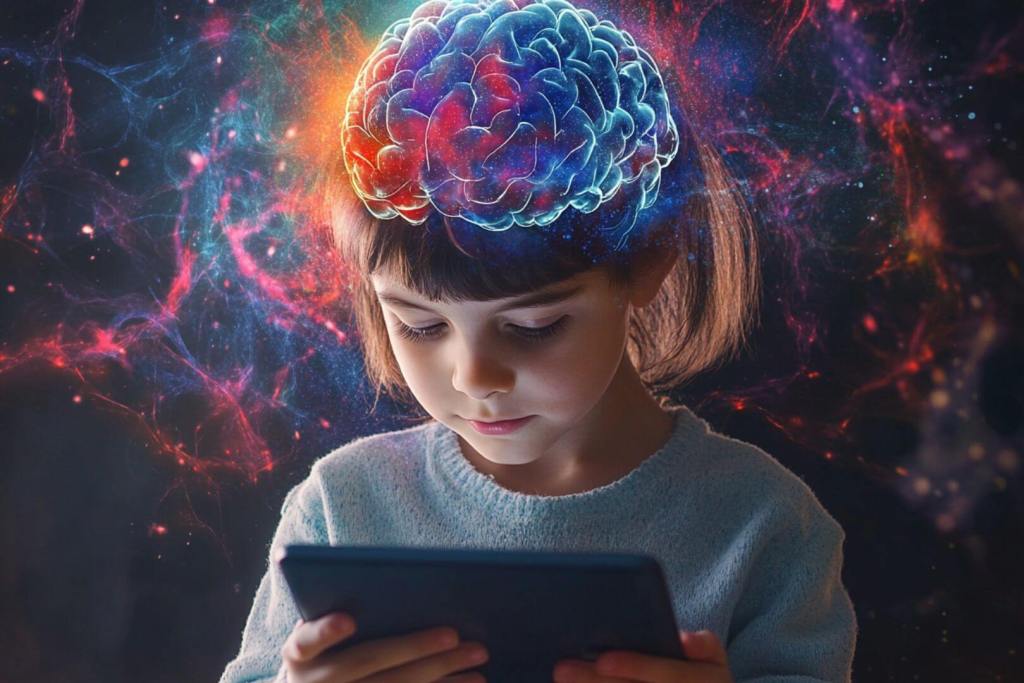 El cerebro en expansión sobre la cabeza de la niña simboliza la mirada científica al neurodesarrollo infantil. Hoy, los algoritmos ayudan a identificar patrones de TDAH con una precisión sin precedentes.