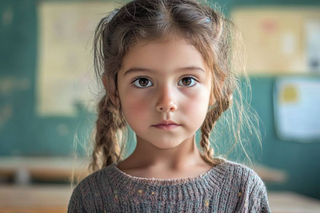 Una niña posa en su clase vacía
