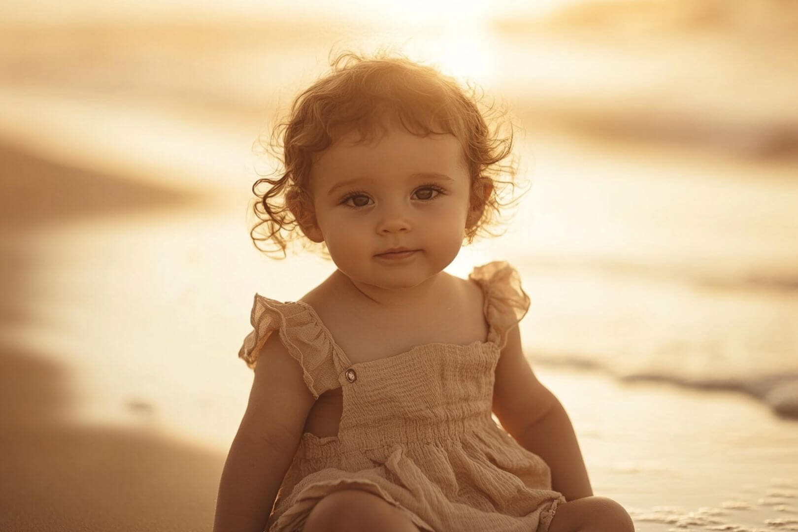 Retrato de una niña en un atardecer de verano en la playa