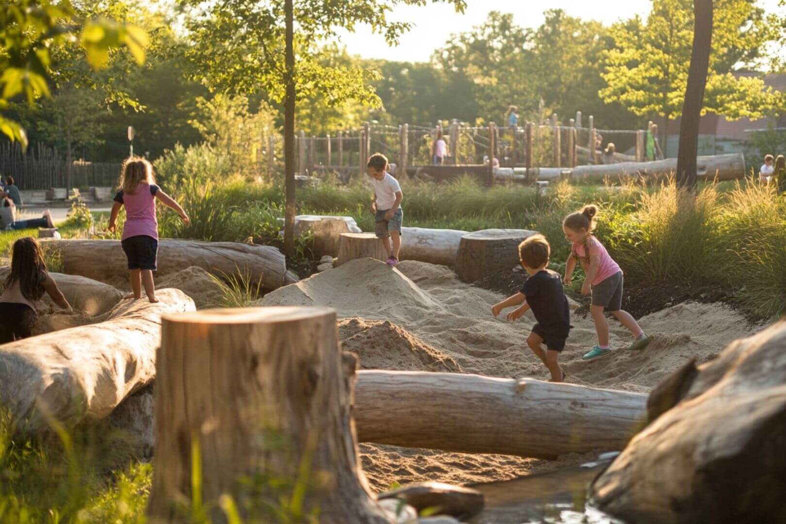 En los patios naturalizados, el juego se transforma en exploración sensorial, movimiento libre y conexión real con el entorno