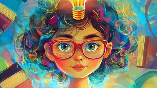 Ilustración moderna de una niña con altas capacidades: curiosidad, creatividad y pensamiento brillante desde la infancia