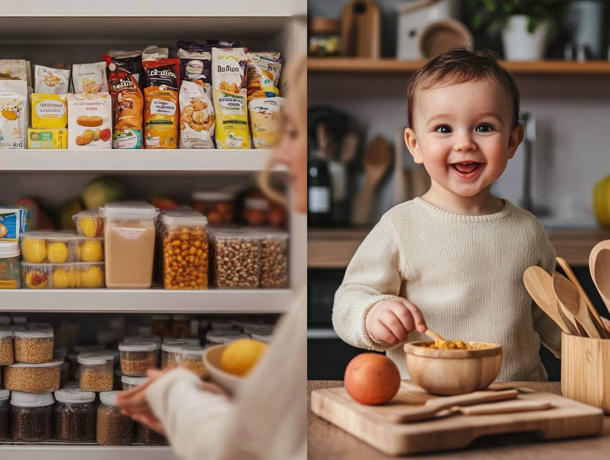 Una despensa saludable y un niño pequeño comiendo rico