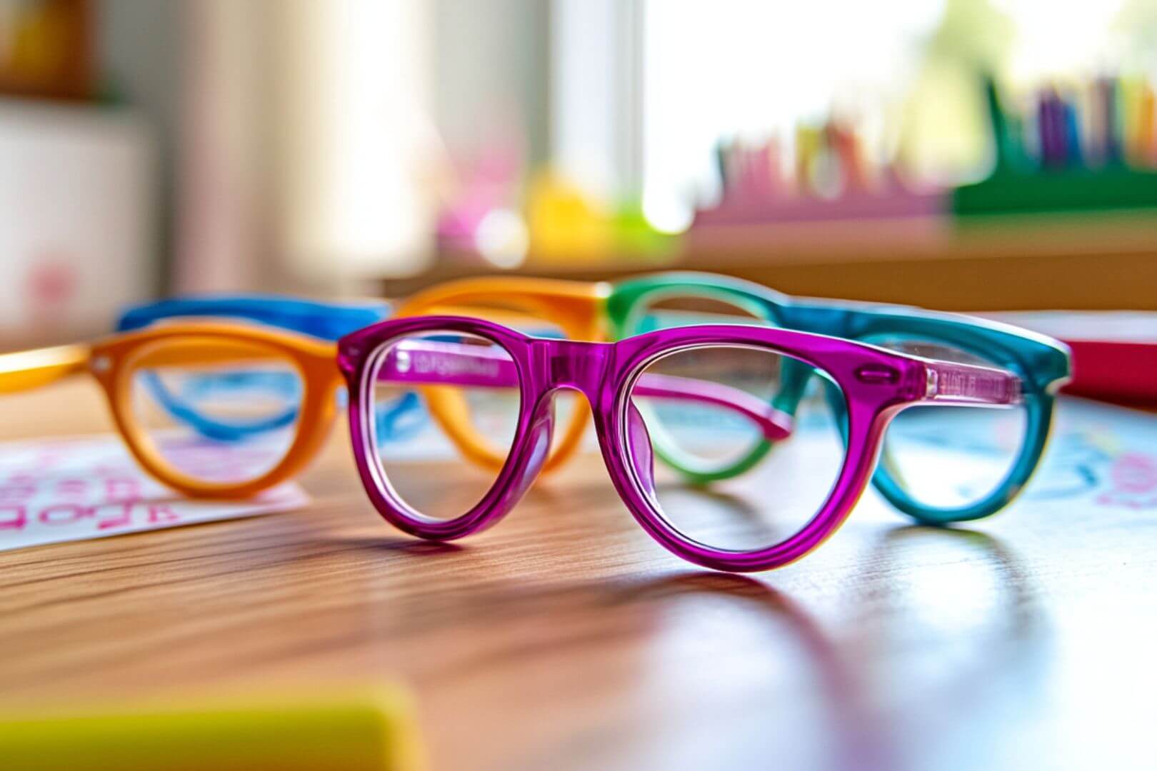 Gafas infantiles de colores sobre una mesa escolar: el Gobierno financiará su compra con una ayuda directa de 100 euros por menor.