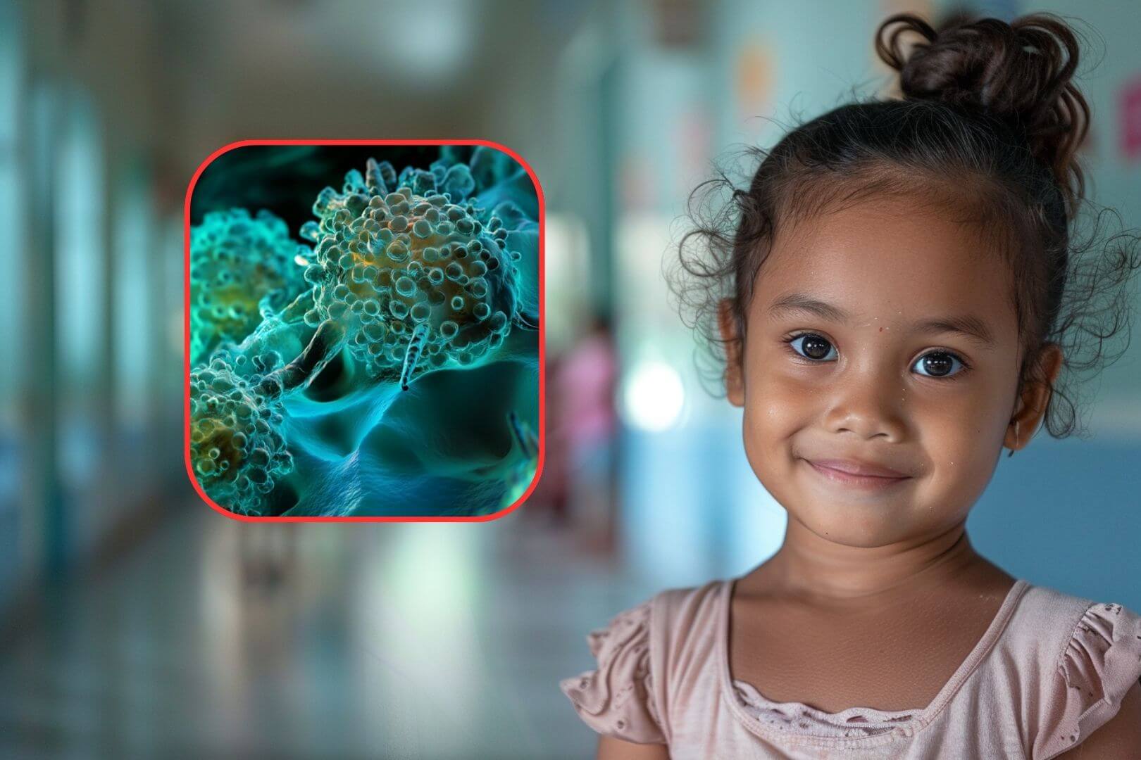 Una niña sonriente en el hospital simboliza la esperanza frente a la leucemia infantil. A la izquierda, imagen similar a las células B-ALL bajo tratamiento, donde la ciencia busca puntos débiles del cáncer (Midjourney - RG).