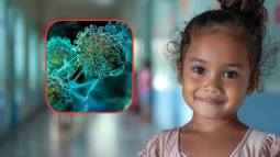 Una niña sonriente en el hospital simboliza la esperanza frente a la leucemia infantil. A la izquierda, imagen similar a las células B-ALL bajo tratamiento, donde la ciencia busca puntos débiles del cáncer (Midjourney - RG).