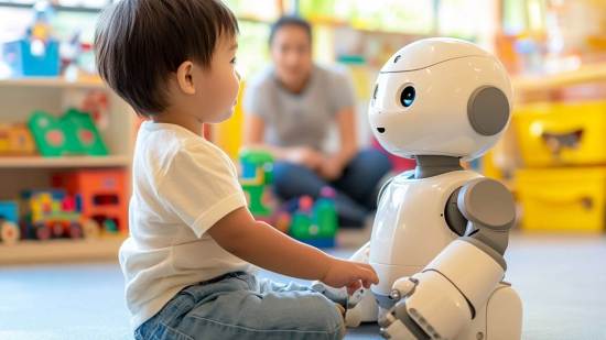 Niño con un robot en clase