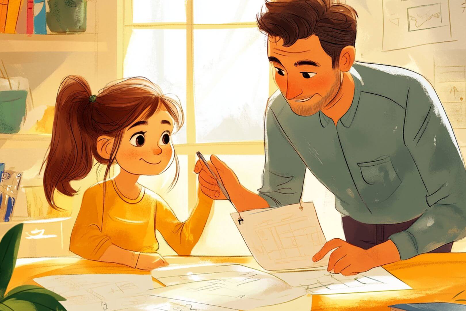 Un padre acompaña a su hija mientras trabajan juntos en sus objetivos escolares, creando un ambiente de apoyo y motivación