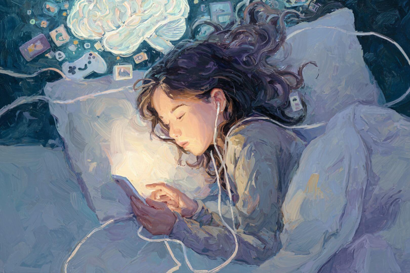 Una menor duerme con el móvil en la mano. Según un estudio longitudinal con 976 participantes, el tiempo frente a pantallas en la infancia tardía se asoció con más síntomas depresivos en la adolescencia, mediado por menor duración del sueño y alteración en la sustancia blanca cerebral.