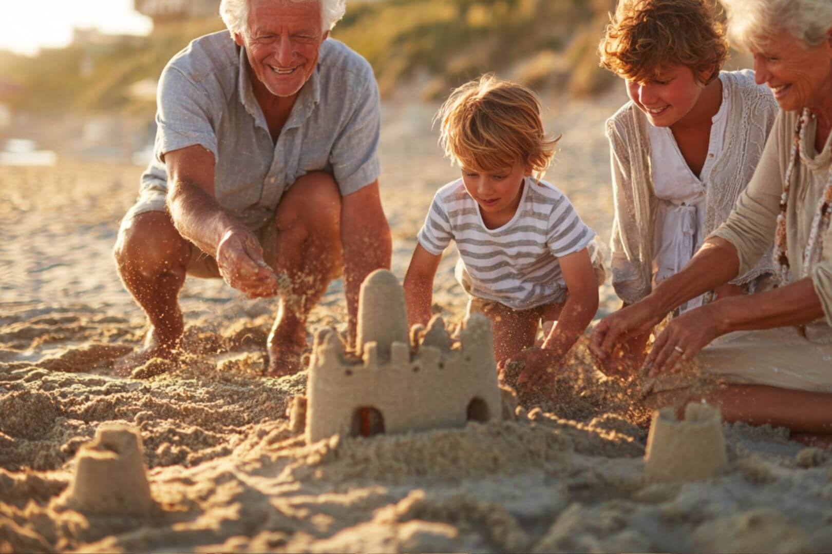 Una familia de abuelos y nietos en la playa. Un plan que los más pequeños adoran para sus vacaciones escolares