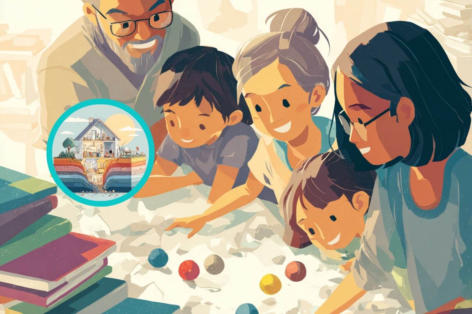 Ilustración que ayuda a explicar a los niños cómo se producen los terremotos bajo tierra: placas tectónicas y su efecto en los hogares (Midjourney-RG)