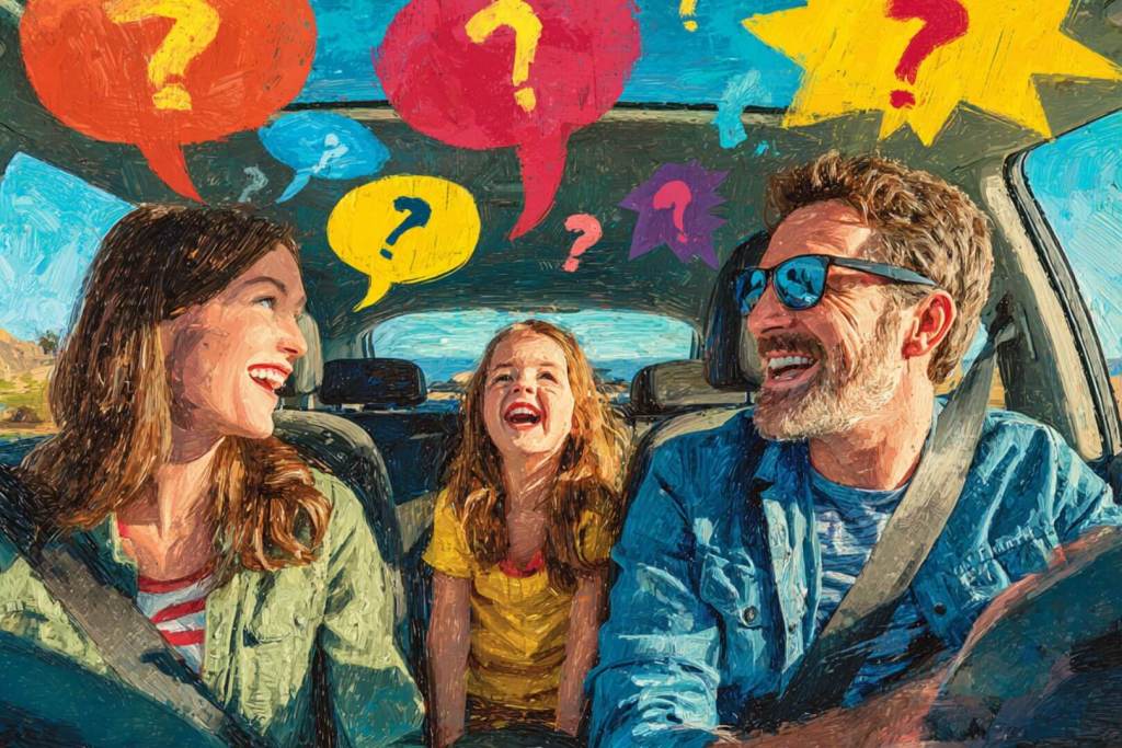 Carretera y diversión: padres e hijos compartiendo juegos y preguntas durante el trayecto.