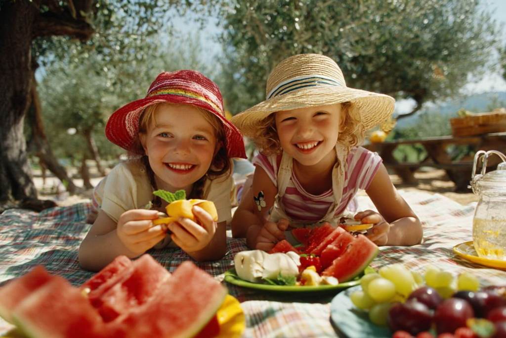 Dos niñas comiendo fruta de verano en un picnic