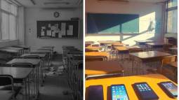 Comparativa visual: aula tradicional en los años 90 frente a una clase moderna tras la prohibición de móviles.