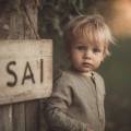 Niño pequeño junto a un cartel de madera con la inscripción ISAI, ambiente cálido y natural
