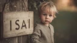 Niño pequeño junto a un cartel de madera con la inscripción ISAI, ambiente cálido y natural