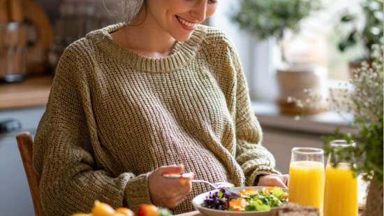 Mujer embarazada sonriente comiendo ensalada fresca con vegetales y bebiendo zumo de naranja en una cocina iluminada por luz natural.