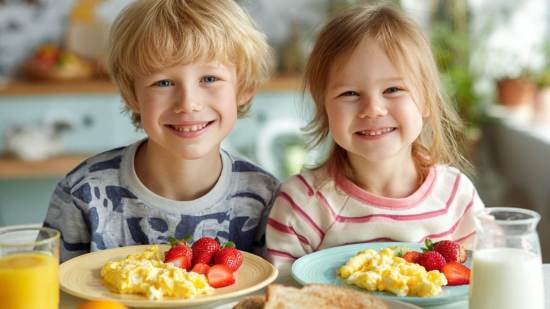 Dos niños sonrientes desayunando huevos revueltos, fresas y pan integral, ejemplo de comida saludable infantil.