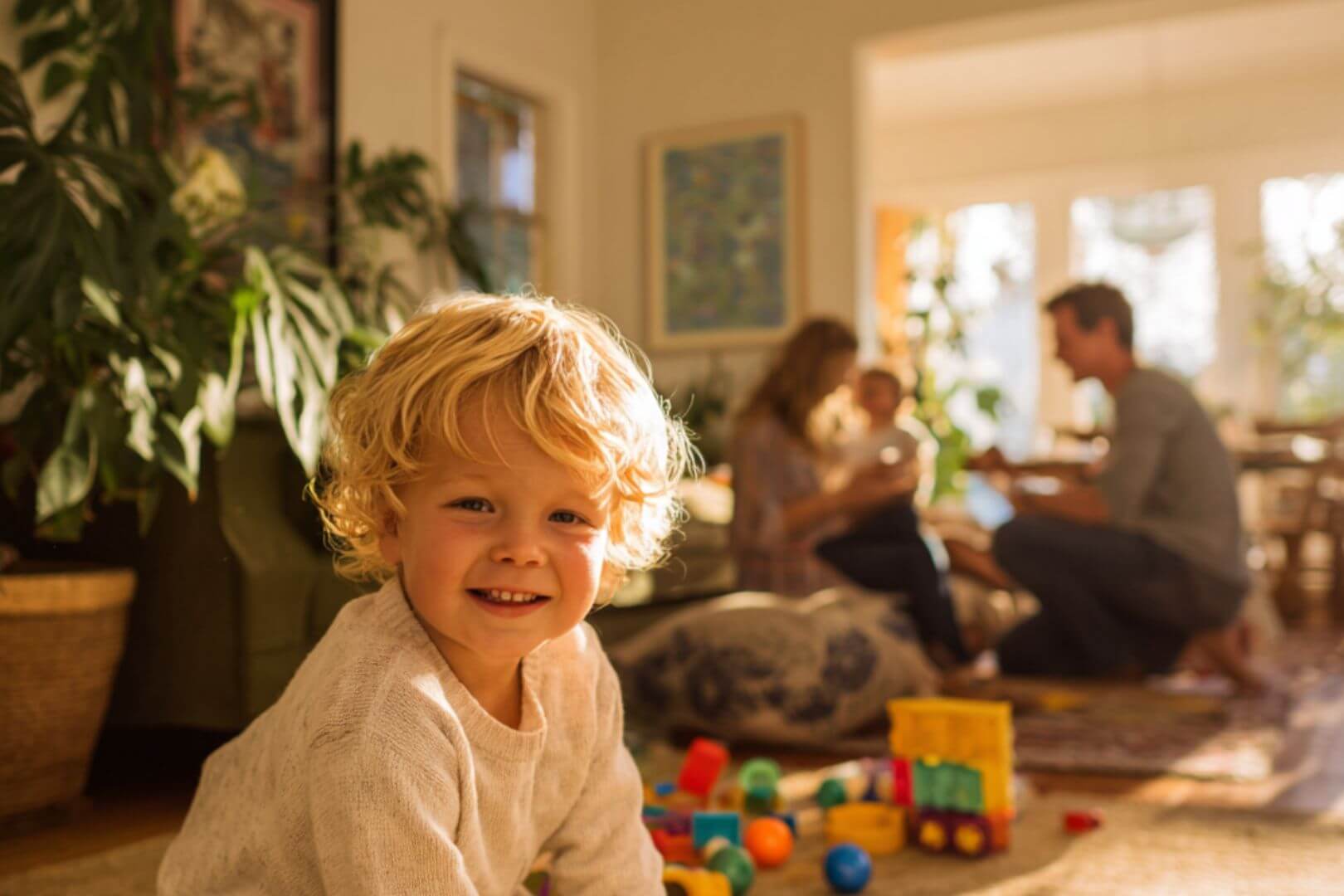 Niño pequeño jugando en casa con bloques de colores mientras sus padres cuidan al bebé en un ambiente familiar y luminoso.